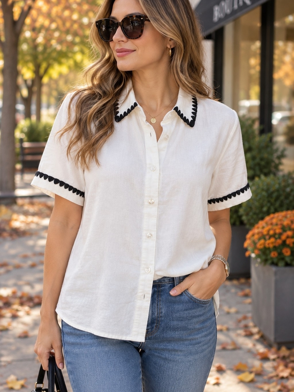 Calligraphie White Linen Blend Button Down Shirt Size L Black Trim NWT